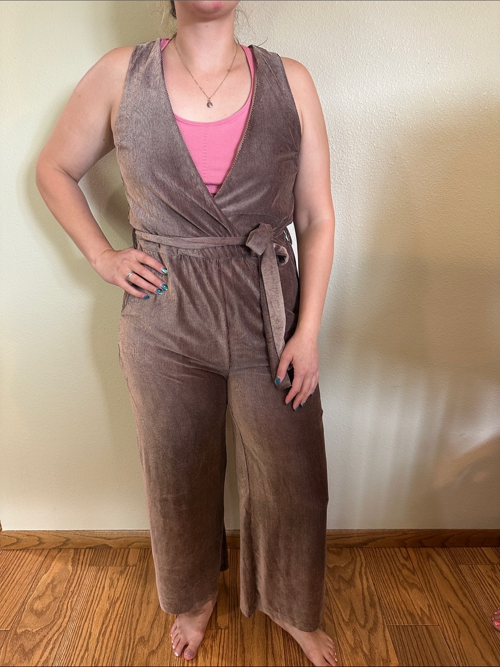 Mystree Taupe Velvet Wrap Jumpsuit with Tie Belt